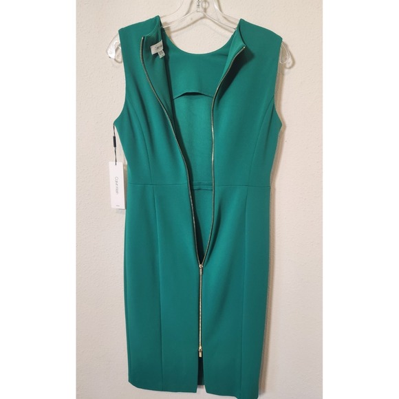 NWT Calvin Klein Sleeveless Green Gold Sheath Dress Stretch Full Zip Office Sz 6 - Picture 2 of 10